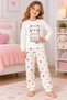 Girl's 100% Cotton White Cat and Heart Patterned Long Sleeve Pajama Set