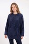 Women's Navy Blue Diamond Patterned Sequin Embroidered Crew Neck Soft Textured Fuzzy Sweater