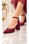 Florisen Women's Burgundy Floral Patterned Lace Pointed Toe Ankle Buckle 7 cm Thick Heeled Evening Dress Shoes - 2