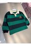 Children's Cotton Teddy Bear Embroidered Green Navy Blue Striped Polo Collar Sweatshirt - 2