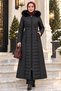 Women's Hooded Zippered Black Quilted Long Coat with Fur Inside