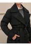 Women's Black Jacket with Collar, Snap Closure, Belted Puffer Coat - 4