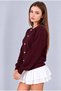 Burgundy Crew Neck Women's Buttoned Long Sleeve Cardigan - 2
