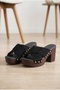 Women's Suede Cross-Strapped Wooden Look Thick Heeled Slippers with Staple Detail - 2