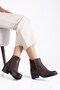 Genuine Leather Women's Heeled Boots with Brown Fur and Elastic Side - 4