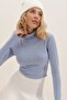 Women's Blue Turtleneck Ribbed Basic Crop Body Blouse ALC-695-001 - 3