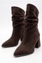 Women's Thick Heel, Pointed Toe, Dark Brown Suede Zip-Up Boots with Gusseted Design - 8