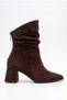 Women's Thick Heel, Pointed Toe, Dark Brown Suede Zip-Up Boots with Gusseted Design