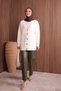 Women's V-Neck Bronze Buttoned Bearded Knitwear Long Cardigan 3128 Ecru - 5