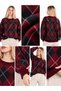 Burgundy Navy Blue Baklava Crew Neck Oversize Women's Knitwear Sweater - 3
