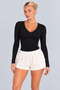 Women's Black V-Neck Long Sleeve Basic Body Blouse Soft Casual Stylish Top -
