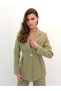 Valeria Women's Waist Formed Single Button Blazer Jacket Wide Leg Pants Light Khaki Two-Piece Set - 6