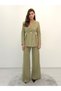 Valeria Women's Waist Formed Single Button Blazer Jacket Wide Leg Pants Light Khaki Two-Piece Set - 5