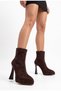 Women's Platform Heeled Pointed-Toe Front-Stitched Zippered Brown Suede Boots (12 cm Heel) - 5