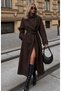 Lorven Women's Brown Oversize High Collar Belted Long Trench Coat