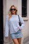 Women's White Blue Wide Sleeve Thin Striped Two Thread Oversize Sweatshirt - 2
