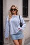 Women's White Blue Wide Sleeve Thin Striped Two Thread Oversize Long Sleeve T-Shirt - 2
