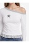 Slim Fit Embroidered Asymmetric-Neck Layered Ruffled Long-Sleeve Ribbed T-Shirt - 4