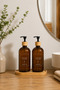 Set of 2 Pumped Liquid Soap Dispensers with Bamboo Plates for Kitchen and Bathroom Detergent Dispenser