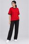 Women's Red Black Piping Garnished Medium Thick Soft Fabric Crew Neck Half Oversize Casual T-Shirt - 2