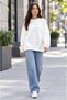 Women's Off-White Ecru Basic 0 Crew Neck Unprinted Plain Oversize Loose Fit Fleece Sweatshirt - 3