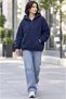 Women's Navy Blue Hooded Zippered 3-Thread Fleece Kangaroo Oversize Sweatshirt Zip up Hoodie - 3