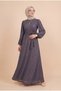Elastic Sleeves Glitter Striped Belt Dress -Gray - 4