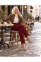 Women's Clothing Burgundy High Waist Trousers with Gold Buckle Belt