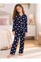 Girls' Cotton Suede Fabric Navy Blue Heart Print Shirt Collar Buttoned Long Sleeve Pajamas Set