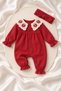 Baby Girl Strawberry Embroidered Lace Collar Jumpsuit Set with Headband
