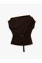 Slim Fit Asymmetrical Drape Collar Sleeveless Crepe Blouse with Metal Accessories and Belt - 2