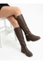 Women's Brown Long Boots Below the Knee, Comfortable Non-Slip Sole, Winter Waterproof Stretchy Stylish Leather Look Boots - 2