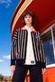 Women's Black Striped Loose Fit Polo Collar Cardigan