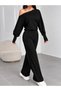 Black Boat Neck One-Shoulder Low Balloon Sleeve Blouse and Wide-Leg Pants Two-Piece Set - 6