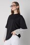 Women's Black Crew Neck Double Layer Sleeves Striped Oversize T-Shirt 32100 - 2