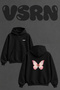 Pink Butterfly Design Back Printed Oversize Black Hooded Sweatshirt
