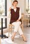 Plus Size Brown Hair Braid Patterned V-Neck Buttoned Pocketed Long Stylish Mother's Knitwear Vest - 7