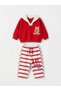 Children's Teddy Bear Printed Red Sweatshirt and Striped Pants Set - 2