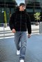 Men's Thick Hooded Winter Black Coat with Pockets - 3
