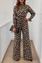 Women's long sleeve turtleneck leopard print tie waist long patterned jumpsuit