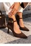 Women's Suede Bitter Brown Pointed Toe Thin Heel Buckle Detailed Stylish Stiletto