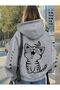 Mooda Women's Oversize 3 Thread Cat Printed Hooded Sweatshirt with Sleeve Detail