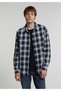 Relaxed Fit Shirt Neck Plaid Men's Blue Long Sleeve Shirt
