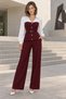 Perfect Match! Women's Burgundy and White Buttoned Belted Blouse and Wide-Legged Trousers Two-Piece Set - 4