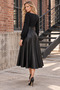 Modern Elegance! Women's Black Square Neck Long Sleeve Leather Detailed Midi Flared Dress - 5