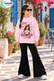 Winter, Spring, and Autumn Girls' Black Spanish Flared Bottoms and Pink Sweat Top