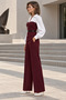 Perfect Match! Women's Burgundy and White Buttoned Belted Blouse and Wide-Legged Trousers Two-Piece Set - 2