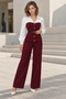 Perfect Match! Women's Burgundy and White Buttoned Belted Blouse and Wide-Legged Trousers Two-Piece Set - 3