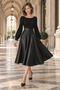 Modern Elegance! Women's Black Square Neck Long Sleeve Leather Detailed Midi Flared Dress - 3