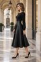 Modern Elegance! Women's Black Square Neck Long Sleeve Leather Detailed Midi Flared Dress - 2